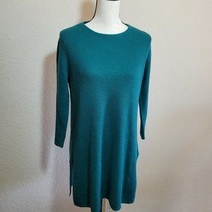 J. Jill Hunter Green Sweater Small Tunic Wool Top 3/4 Sleeve Relaxed Loose Fit
